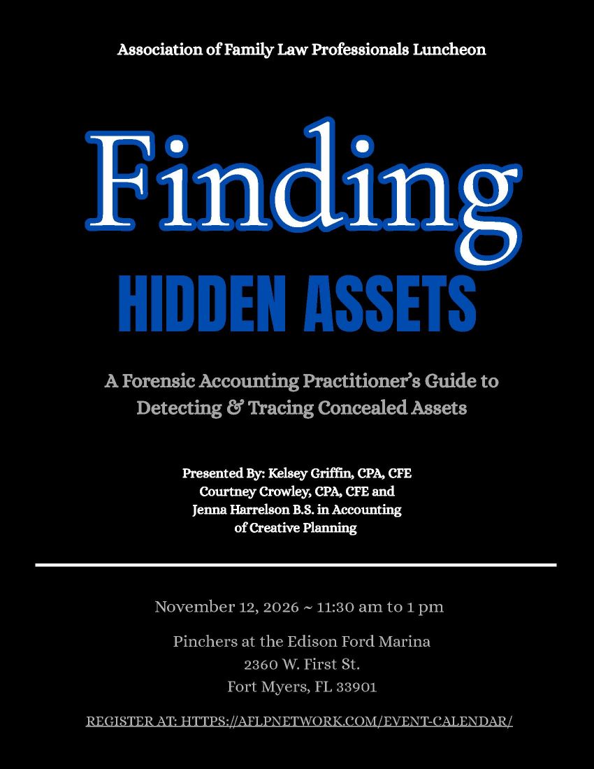 AFLP November 2026 Lunch Event Flyer: Finding Hidden Assets, November 12, 2026.